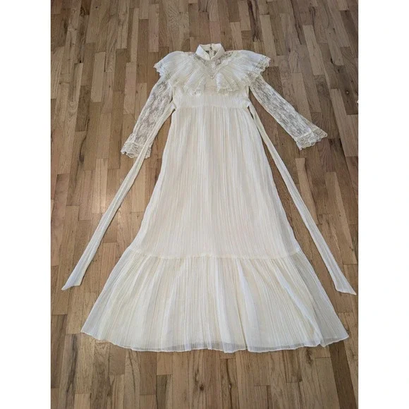 VTG 70s Prairie Maxi Dress Ivory Lace Victorian Revival S Boho Cottagecore Bride - Picture 11 of 16